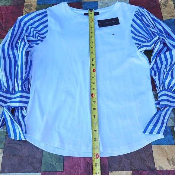 RTL $69 Tommy Hilfiger Long Blue Striped Puffy Sleeve White 100% Cotton SzL Top - Picture 6 of 9